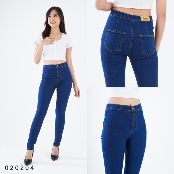 Celana Jeans High Waist Polos Skinny Wanita Stretch Melar - Biru Tua