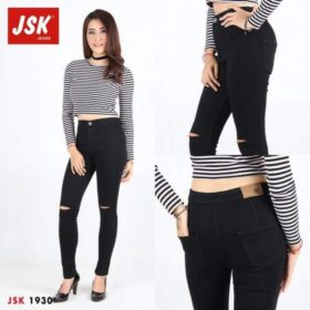 Celana Panjang Highwaist Sobek Lutut Skinny Jeans Wanita - Hitam