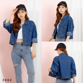 Jaket Jeans Crop A Denim Wanita Modis Trendy Casual All Size - Biru Jeans