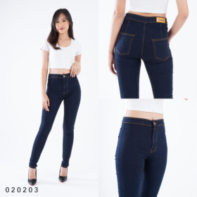 Celana High Waist Polos Skinny Jeans Wanita Stretch Melar - Biru Dongker