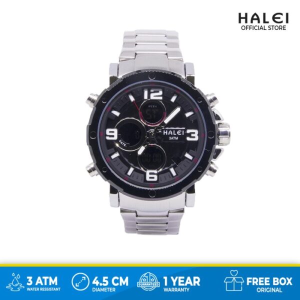 Jam Tangan Pria Halei Analog Digital Sport Size Besar 1003M Silver