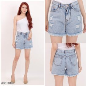 Celana Pendek Hotpants Boyfriend Sobek Kaki Rawis Miring Jeans Wanita - Snow Biru