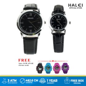 Jam Tangan Kulit Couple Halei Ori 530 Silver Bonus Jam Tangan Anak