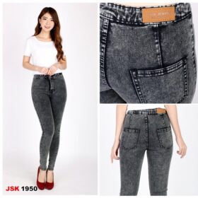 Celana Jeans Highwaist Skinny Wanita Motif Snow JSK JEANS - Snow Hitam